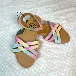 NWT - Girls Double Criss Cross & Ankle Strap Rainbow Glitter, Sparkle Sandal
